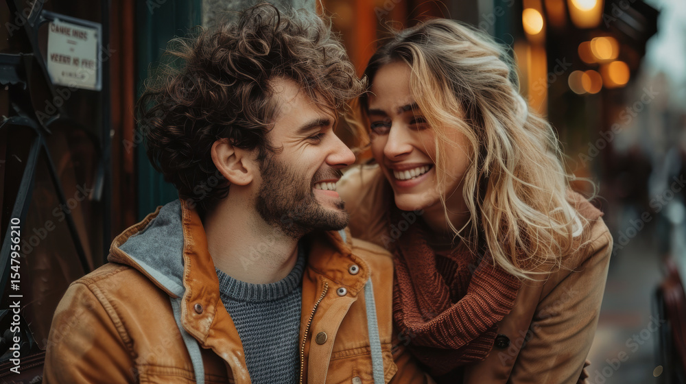 Fototapeta premium A man and a woman are smiling at the camera. They are dressed warmly and are standing outside