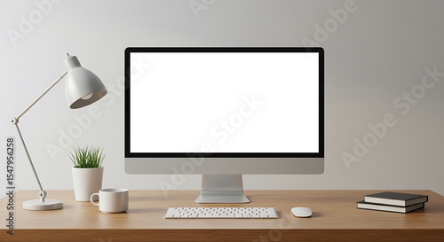 A minimalist workspace featuring a computer monitor, desk lamp, and decorative elements.
