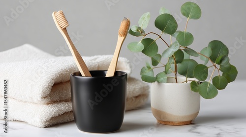 Modern bathroom setup with bamboo toothbrushes and greenery on marble surface