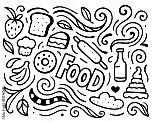 Hand-Drawn Food Doodle Illustration in Black and White Style