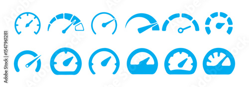 Blue Speedometer and Gauge Icon Set. Vector Dashboard Symbols. Victor illustration eps 10