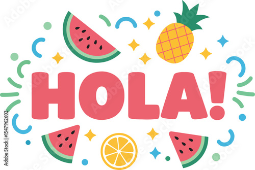hola fun layered doodle text with tropical fruit icons and sparkles