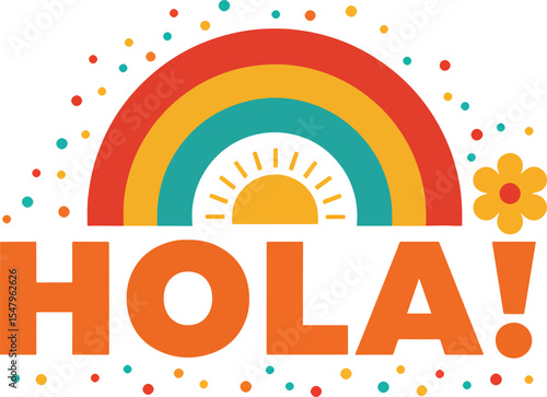 hola bold modern block text with rainbow arch, flower and sun icon