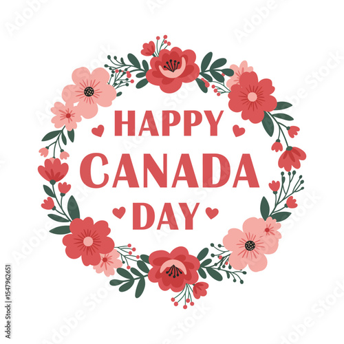Happy Canada Day Floral Wreath Illustration with Red and Pink Flowers on White Background