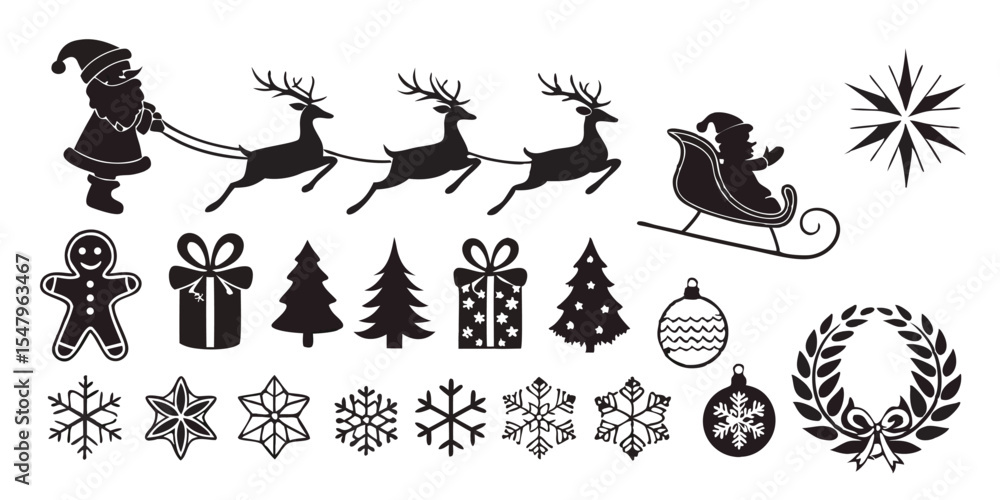 Naklejka premium Festive Christmas Icons in Black Silhouette Style