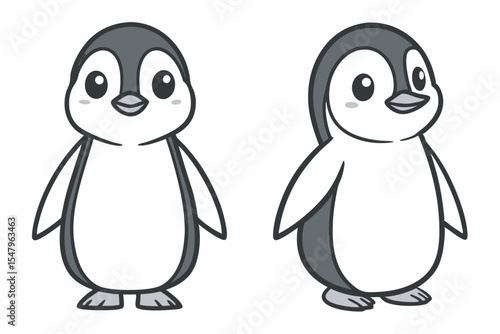 Two adorable cartoon penguins isolated on white background cute animal illustration