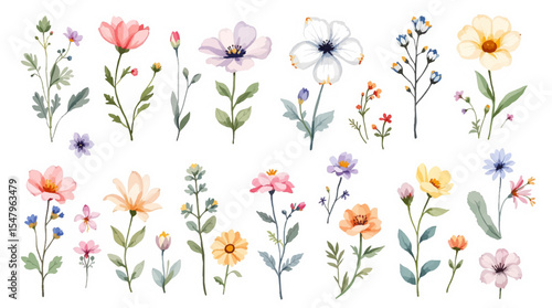Set watrecolor floral background with flowers