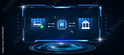 Smart Banking and Artificial Intelligence HUD Screen with Digital Payment Card and Bank