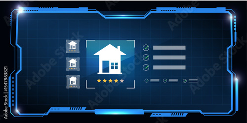 Modern Property Search User Interface with Futuristic HUD Display and Real Estate Icons in Smart Technology Background