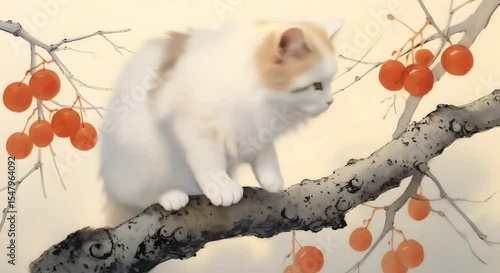 Artistic illustration of fluffy cat resting on branch with orange berries, serene nature scene