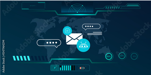 HUD Interface Concept with Digital Email, AI Chatbot, and Virtual Agent Icons for Automated Tech Support