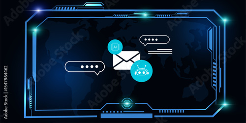 Futuristic HUD Interface with AI Chat Agent and Email Support Icons – Concept of Virtual Assistance Technology