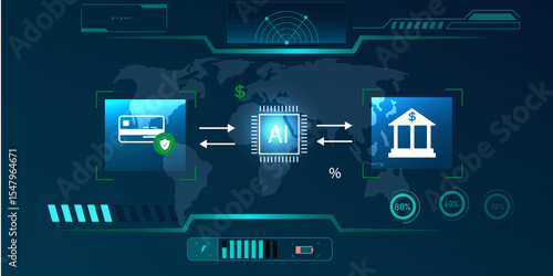 Futuristic Digital Payment System Interface with AI and Credit Card Icons in a Smart Banking