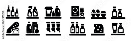Grocery, shopping solid icon set. household, food essentials icons solid collection