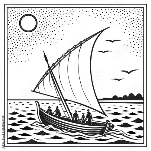 Black Silhouette Pointillist Illustration of Ancient Sea Voyagers on a Traditional Sailing Boat