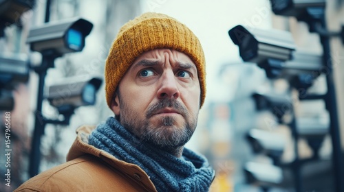 Man in Yellow Hat Looks Up at Security Cameras in Snowy City