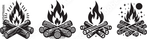 Black and White Silhouette Vector Set of Campfire Designs Perfect for Outdoor Adventure Logos Camping Graphics Survival Icons and Nature Inspired Visual Projects
