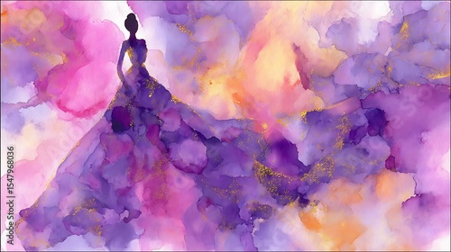 A woman in a flowing, abstract gown.