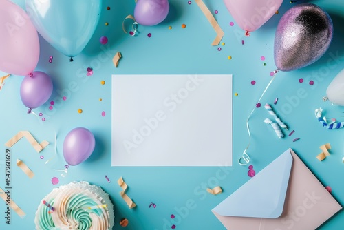 High Resolution of Top View of Birthday Card Mockup with Envelope