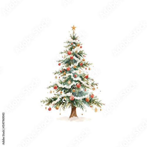 Watercolor Christmas Tree with Snow and Ornaments - Festive Holiday Decoration