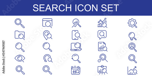 Search icon set. Containing magnifying glass, find, research, SEO and investigate icons. Solid icon collection. Vector illustration.