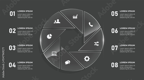 Liquid Glass Circle Infographic – 8 Step 3D Business Timeline with Clock and Timer Vector Icons