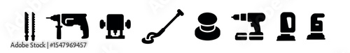 Construction tools silhouette icon set. drill, hammer, and equipment silhouette collection