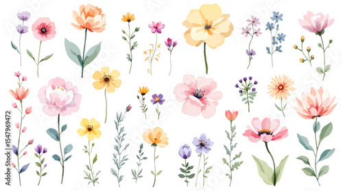 Spring  Set flowers watrecolor clipart on withe background