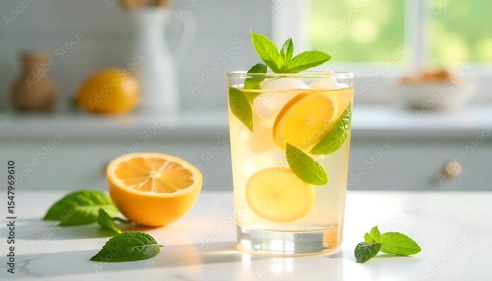 Fototapeta premium Fresh Citrus Mint Infused Water in Clear Glass for Wellness BrandingHydrating Citrus and Mint Drink in Transparent Glass – Spa AestheticDetox Water with Lime, Lemon & Mint – Clean Living Beverage 
