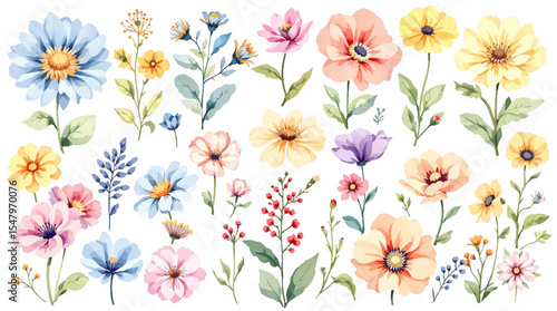 Spring  watercolor flowers vector illustration, Colorful spring flowers, Set of watercolor flowers, Clipart watercolor flowers	