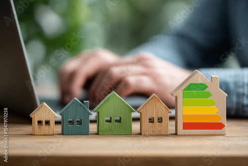 Architect choosing sustainable eco house with energy efficiency rating chart