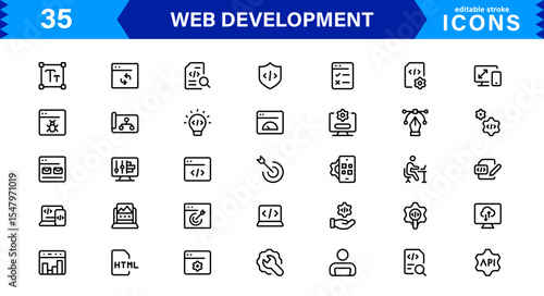 Modern Web Development Icon Set Featuring Coding, Websites, Programming, Design, and Development Concepts in a Professional, Clean Vector Style