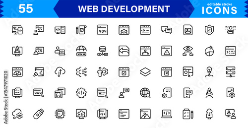 Modern Web Development Icon Set Featuring Coding, Websites, Programming, Design, and Development Concepts in a Professional, Clean Vector Style
