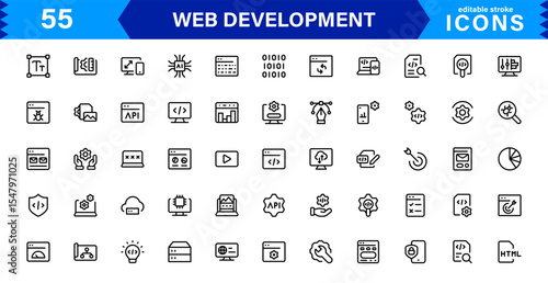 Modern Web Development Icon Set Featuring Coding, Websites, Programming, Design, and Development Concepts in a Professional, Clean Vector Style