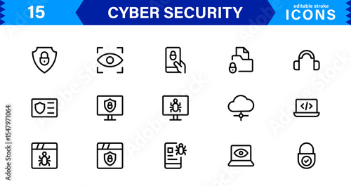 Cyber Security Icon Set Featuring Protection, Shield, Data, Encryption, and Firewall Concepts in a Professional, Clean, and SEO-Optimized Vector Style