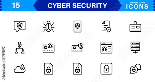 Cyber Security Icon Set Featuring Protection, Shield, Data, Encryption, and Firewall Concepts in a Professional, Clean, and SEO-Optimized Vector Style