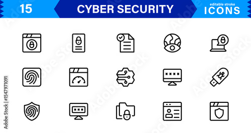 Cyber Security Icon Set Featuring Protection, Shield, Data, Encryption, and Firewall Concepts in a Professional, Clean, and SEO-Optimized Vector Style