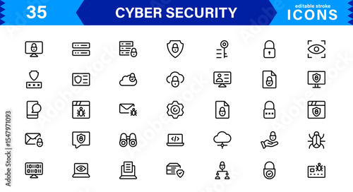 Cyber Security Icon Set Featuring Protection, Shield, Data, Encryption, and Firewall Concepts in a Professional, Clean, and SEO-Optimized Vector Style
