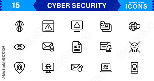 Cyber Security Icon Set Featuring Protection, Shield, Data, Encryption, and Firewall Concepts in a Professional, Clean, and SEO-Optimized Vector Style