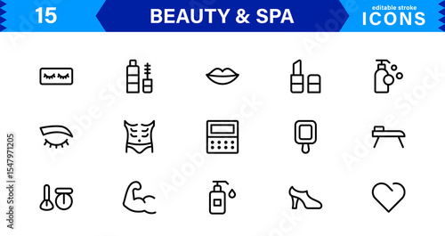 Beauty and Spa Icon Set Representing Wellness, Facial, Skin Care, Relaxation, and Beauty Treatments in a Clean, Professional, Minimalist Vector Design