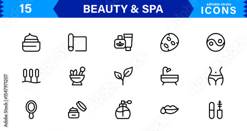 Beauty and Spa Icon Set Representing Wellness, Facial, Skin Care, Relaxation, and Beauty Treatments in a Clean, Professional, Minimalist Vector Design
