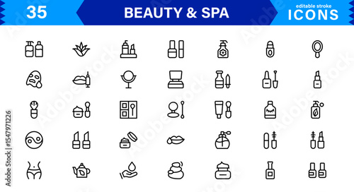 Beauty and Spa Icon Set Representing Wellness, Facial, Skin Care, Relaxation, and Beauty Treatments in a Clean, Professional, Minimalist Vector Design