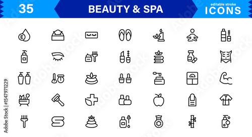 Beauty and Spa Icon Set Representing Wellness, Facial, Skin Care, Relaxation, and Beauty Treatments in a Clean, Professional, Minimalist Vector Design