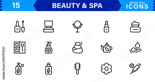 Beauty and Spa Icon Set Representing Wellness, Facial, Skin Care, Relaxation, and Beauty Treatments in a Clean, Professional, Minimalist Vector Design