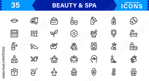 Beauty and Spa Icon Set Representing Wellness, Facial, Skin Care, Relaxation, and Beauty Treatments in a Clean, Professional, Minimalist Vector Design