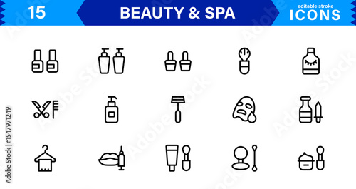 Beauty and Spa Icon Set Representing Wellness, Facial, Skin Care, Relaxation, and Beauty Treatments in a Clean, Professional, Minimalist Vector Design