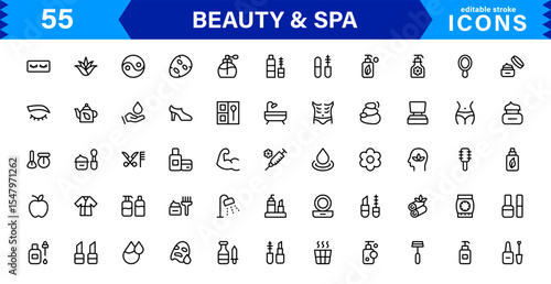 Beauty and Spa Icon Set Representing Wellness, Facial, Skin Care, Relaxation, and Beauty Treatments in a Clean, Professional, Minimalist Vector Design