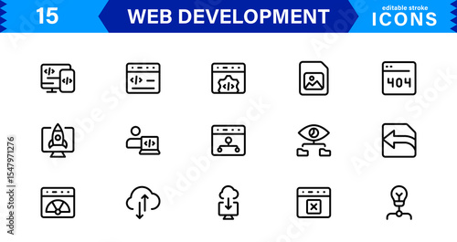 Modern Web Development Icon Set Featuring Coding, Websites, Programming, Design, and Development Concepts in a Professional, Clean Vector Style