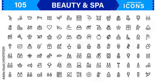 Beauty and Spa Icon Set Representing Wellness, Facial, Skin Care, Relaxation, and Beauty Treatments in a Clean, Professional, Minimalist Vector Design