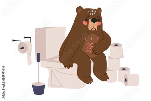 Bear on the toilet. Bear has a stomach ache. Animal has diarrhea. Flat vector illustration, eps10
